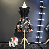 Black Floral Satin and Lace Round Neckline Short Party Dress Prom Dress, Black Homecoming Dresses